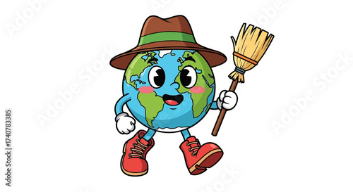Cartoon Earth Character promoting environmental responsibility and clean planet initiative