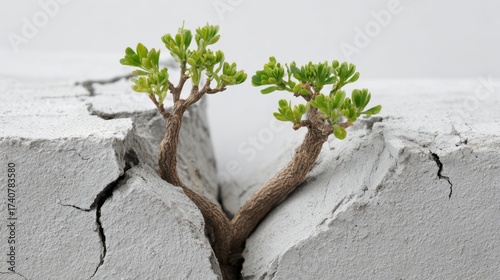 growth through failure style. A small tree grows through a crack in concrete.