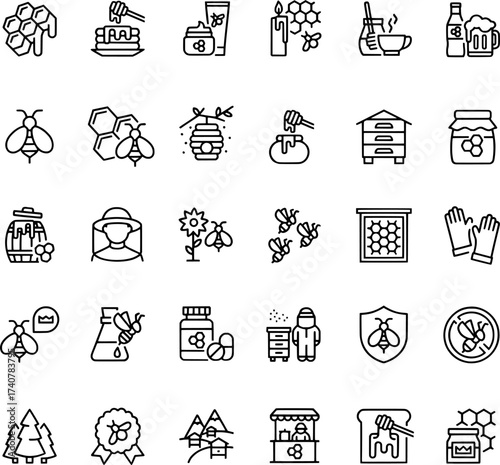 Detailed vector line icon set with beekeeping, honey production, and natural farm symbols perfect for branding, labels, and organic packaging