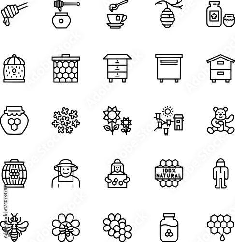 Clean and modern honey and beekeeping icon pack featuring bees, hives, jars, and nature-inspired symbols for eco design and organic branding