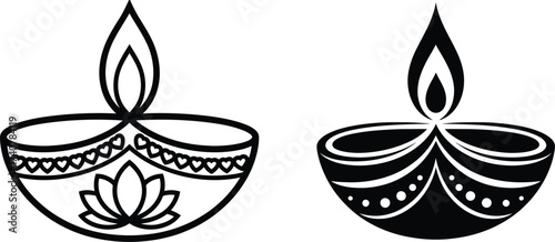 Traditional diya lamps outline and silhouette for cultural celebrations and festivals