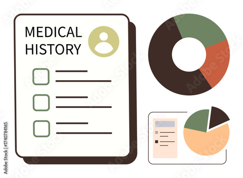 Medical history document with checklist, pie charts in green, orange, and brown tones. Ideal for healthcare, analysis, data presentation, research, diagnosis reports patient management simple flat