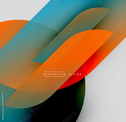 Abstract design features overlapping translucent shapes. Colors include orange, teal, red, black, white. Minimalist aesthetic, modern composition.