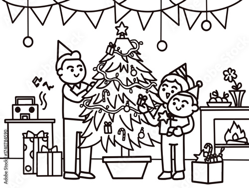 The family is decorating the Christmas tree together.