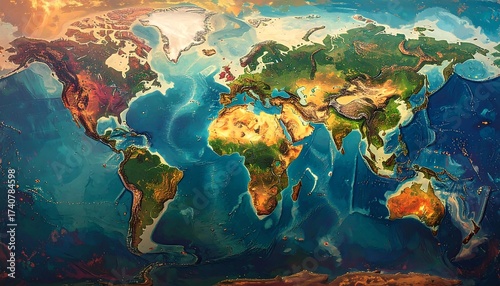 Colorful Illustration of the World Map with Realistic Relief and Texture