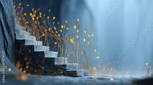 growth through failure style. Imaginary stairs with golden foliage against a mystical backdrop.