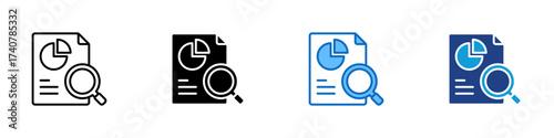 Report Analysis Multiple Style Icon Design Vector - Document with pie chart and magnifying glass representing report analysis, data review, and business evaluation