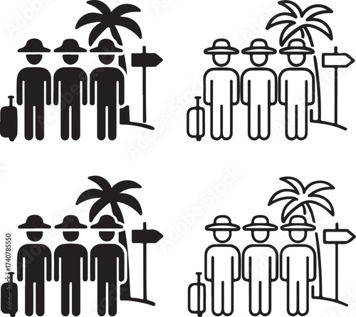 Many People Tour icon set, group travel icons, tourist symbols, vacation trip vector, many people tour collection, modern tour icons, isolated many people tour icon set