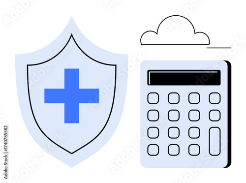Shield with a cross symbolizing healthcare protection next to a calculator under a cloud. Ideal for insurance, medical coverage, financial planning, healthcare budgeting, data security, cloud