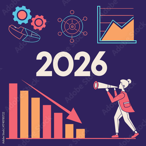 2026 business decline and economic downturn illustrated with falling bar chart and person looking through telescope