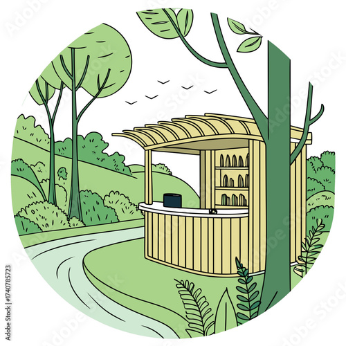 A charming wooden kiosk with a canopy sits on a grassy hill beside a winding path surrounded by lush trees and bushes under a sky with birds