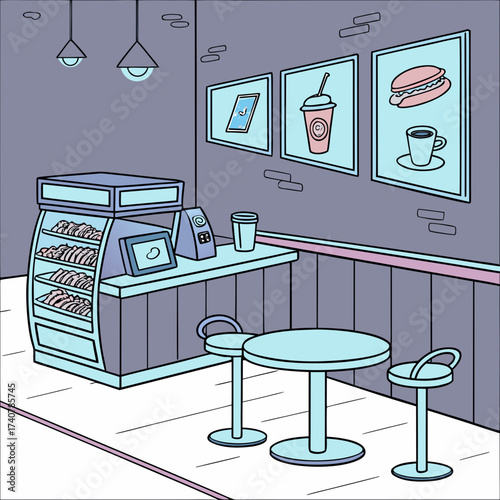 A cozy cartoon cafe interior with a display case of pastries a counter with coffee and drinks and a small table with stools