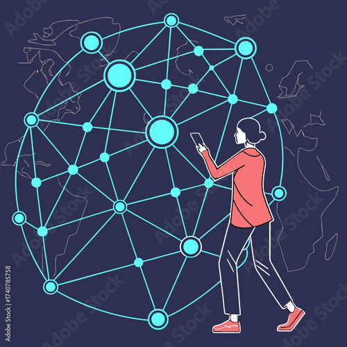 A person interacts with a glowing digital network overlaying a faint world map symbolizing global connectivity and technology