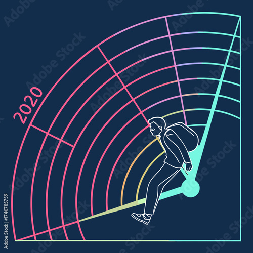 A person with a backpack walks forward on a radar screen with the year 2020 marked on it symbolizing progress and the passage of time