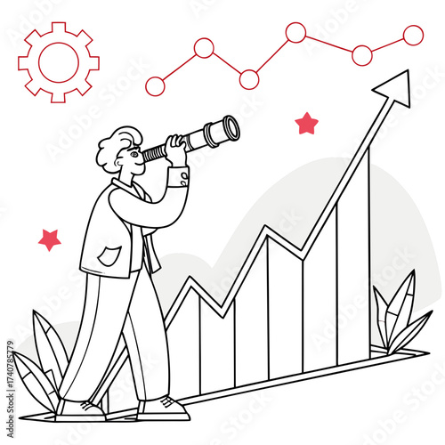 A person with a telescope looks towards a rising graph symbolizing business growth and future success