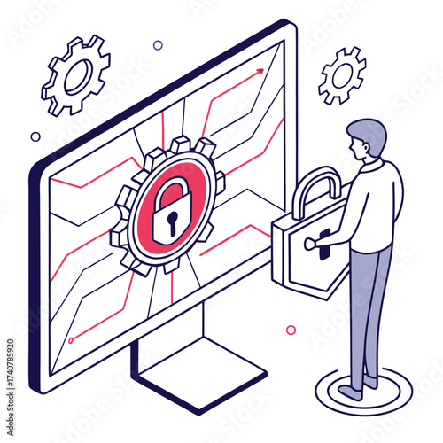 Digital security concept with a person interacting with a locked computer screen and a padlock illustration
