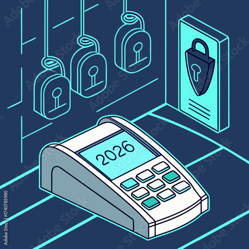 Future of secure transactions in 2026 with advanced payment terminals and digital locks symbolizing enhanced data protection and cybersecurity