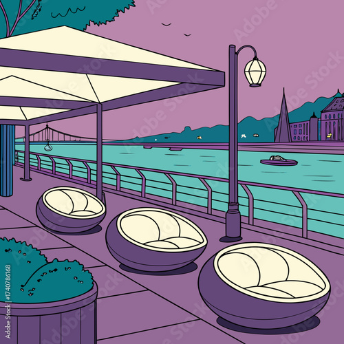 Modern outdoor seating area with comfortable chairs overlooking a river and city skyline at dusk