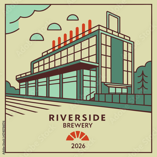 Modern riverside brewery building with industrial architecture and a retro graphic design style