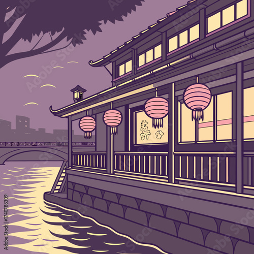 Serene japanese riverside building with pink lanterns and a bridge in the distance at twilight