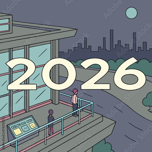 Two people stand on a balcony overlooking a city skyline at night with the year 2026 prominently displayed