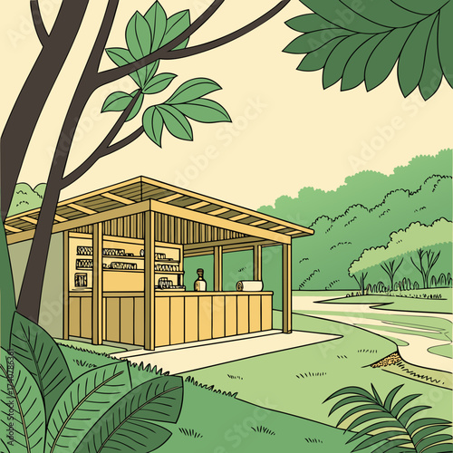 Tropical open air bar nestled amongst lush green foliage with a winding path leading into the distance
