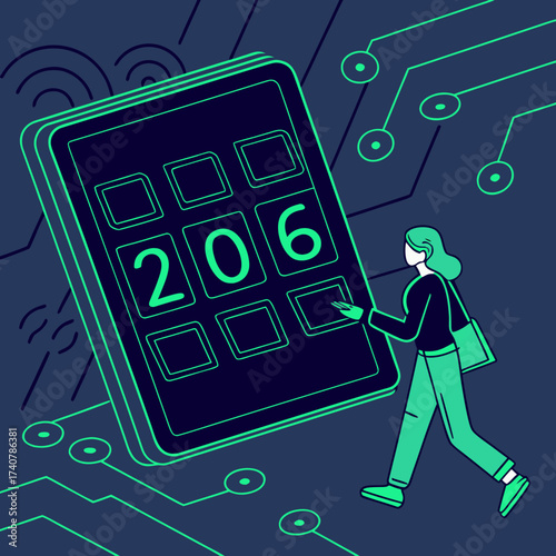 Woman interacting with a large calculator displaying the number 206 in a digital circuit board environment