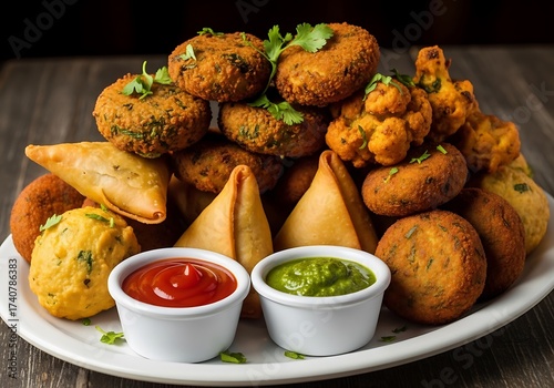 Delicious assortment of indian snacks with dipping sauces