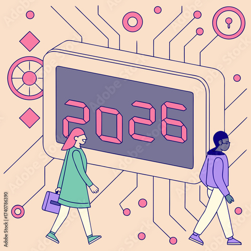 Two people walk past a large digital display showing the year 2026 surrounded by circuit board elements and abstract shapes