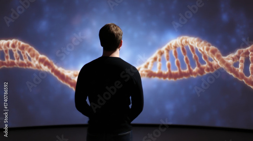 A person observes a digital display of DNA strands, symbolizing genetic research and biotechnology.