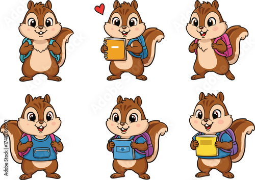 Cartoon chipmunks illustration, cute animals with books, school theme characters, children learning concept, educational wildlife art, playful rodents, classroom design, study scene