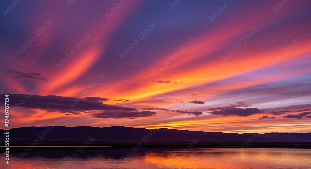 Fototapeta premium Vibrant Sunset Over Water with Dramatic Sky and Mountain Silhouette.