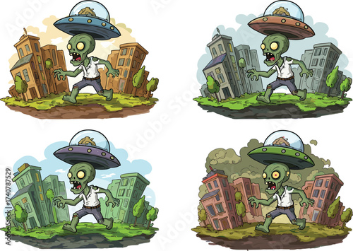 Zombie alien cartoon illustration, exposed brain character, sci-fi urban scenes, flying saucer headgear, horror city background, vector apocalypse artwork