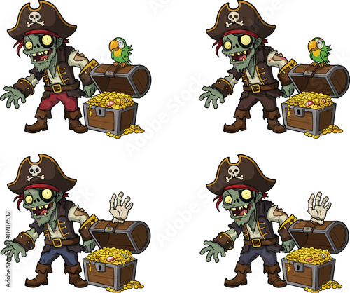 Pirate zombie cartoon character with parrot, treasure chest, undead theme, fantasy illustration, Halloween concept, vector art for stock platforms