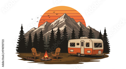 Illustration of a cozy campsite featuring a vintage camper, campfire, chairs, tall pine trees, and majestic mountains under a warm sunset.