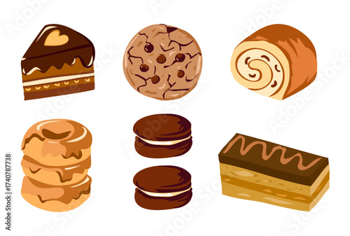 Chocolate and Caramel Pastry Vector Set. Cake, Cookie, Donut, Macaron, Roll, Dessert Illustration