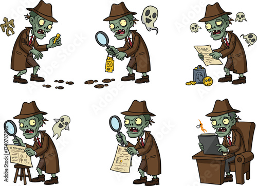 Zombie detective cartoon illustration, undead investigator character, Halloween mystery artwork, spooky trench coat zombie, horror crime scene, vector detective theme