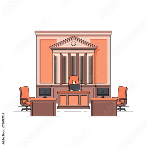Courtroom interior with judge at desk and computer monitors  