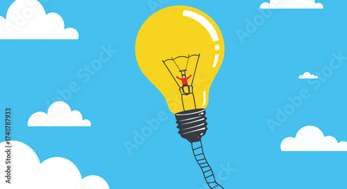 A bright yellow lightbulb with a small figure inside floats in a blue sky.
