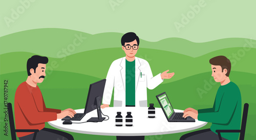A doctor explains something to two people working on laptops at a round table.