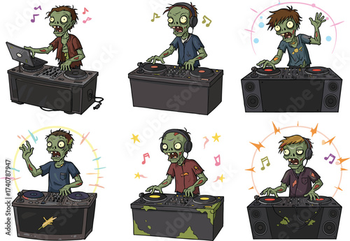 Zombie DJ cartoon, Halloween music scene, undead party characters, spooky entertainment art, horror dance booth, green monster DJs, funny undead illustration