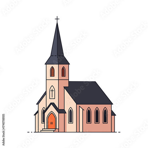 Illustrative church building with bell tower and cross on top  
