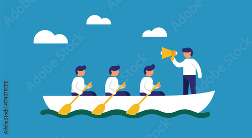 Illustration of a leader with a megaphone guiding a team rowing a boat through the water under a cloudy sky.