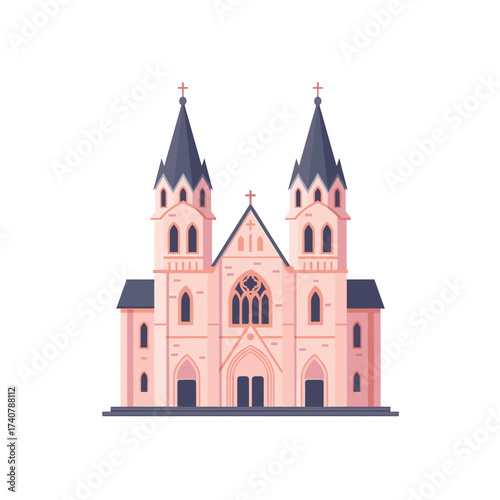 Pink gothic church illustration with twin spires and details  
