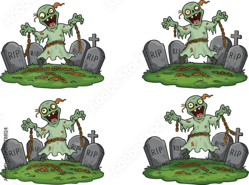 Zombie rising cartoon, Halloween graveyard scene, undead character design, broken chains, scary green monster, RIP tombstones, horror theme, spooky illustration