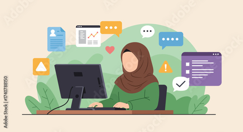 A woman wearing a hijab is working at a computer surrounded by icons representing various digital tasks and communication.
