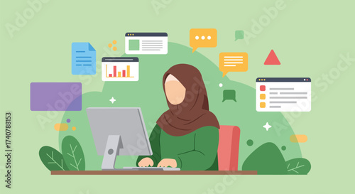 Illustration of a woman wearing a hijab working on a computer surrounded by floating documents and chat bubbles.