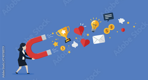 A businesswoman uses a large magnet to attract symbols of success, including a trophy, hearts, money, ideas, and communication.