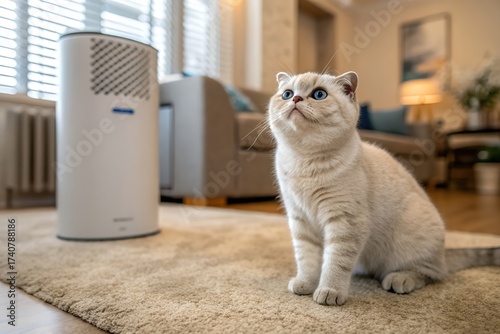 Cute Scottish Fold cat sitting near air purifier on carpet in living room, symbolizing clean air, pet-friendly home, and healthy lifestyle environment