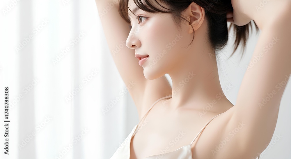 Fototapeta premium 髪をまとめる横顔の女性 朝の身支度とナチュラルビューティー
